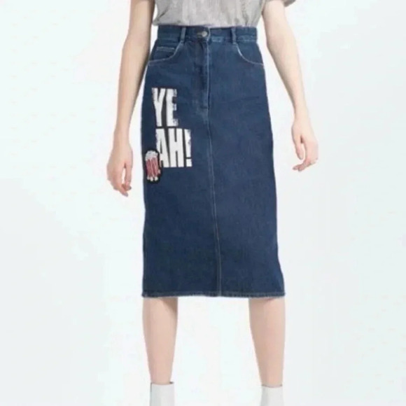 Zara “Yeah” Popcorn Denim Midi Denim Skirt - Picture 2 of 15